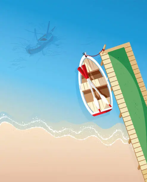 Vector illustration of Kayak tied to the pier over the sea