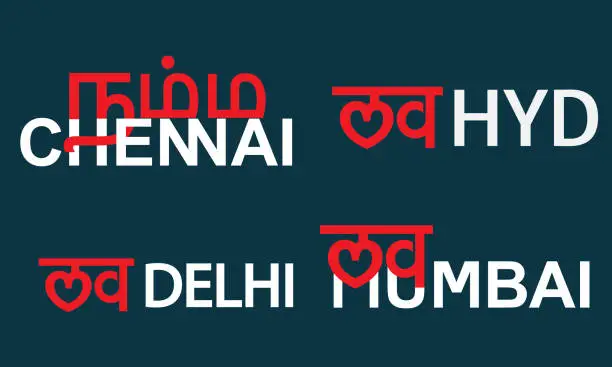 Vector illustration of love Delhi , Love Mumbai , Namma Chennai , Love Hyderabad in the plain background .