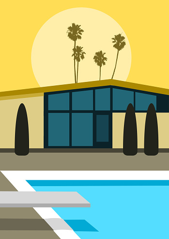 Retro backyard pool with palm trees and setting sun in minimalist modern style
