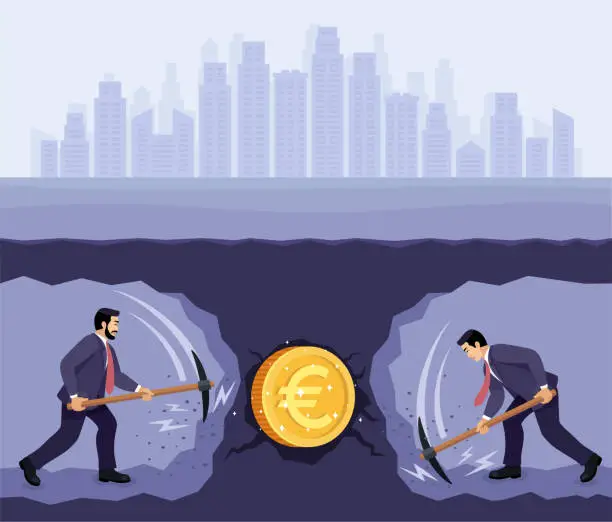 Vector illustration of Two Businessmen digging and mining to find Golden Euro Coin. Golden Euro Coin mining.