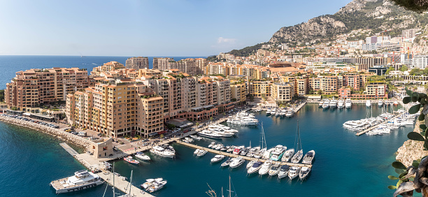 Monaco-Ville, Monaco, April 20th 2023:- A view of Port Fontvieille, taken from Monaco-Ville, the old city of Monaco.