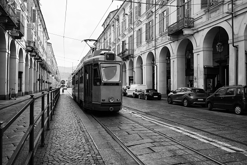 Street Car on Main Street in Turin, Italy.