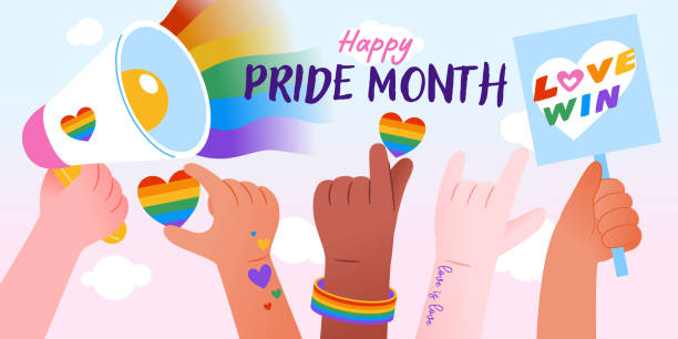 illustrazioni stock, clip art, cartoni animati e icone di tendenza di poster della celebrazione del mese dell'orgoglio con il megafono del gesto della mano, il segno d'amore e il segno della parata, l'illustrazione vettoriale - symbols of peace flag gay pride flag banner
