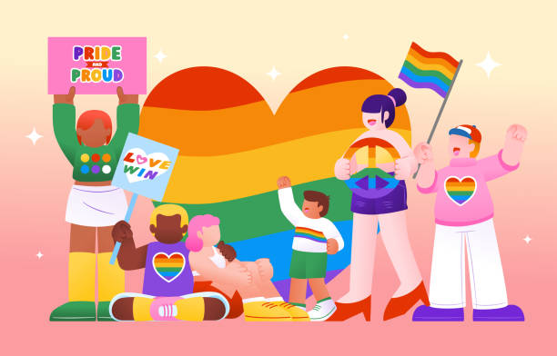 pride month parade celebration różnorodność postać z tęczowym sercem, wektorem, ilustracją - symbols of peace flag gay pride flag banner stock illustrations