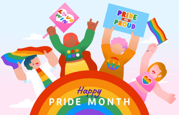 illustrazioni stock, clip art, cartoni animati e icone di tendenza di celebrazione della diversità della parata del mese dell'orgoglio carattere con arcobaleno, vettore, illustrazione - symbols of peace flag gay pride flag banner