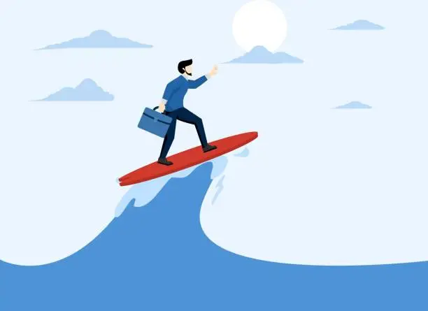 Vector illustration of Follow business trend or momentum, professional experienced worker or career development concept, challenge to overcome difficulties, entrepreneur expert surf or ride the wave to success.