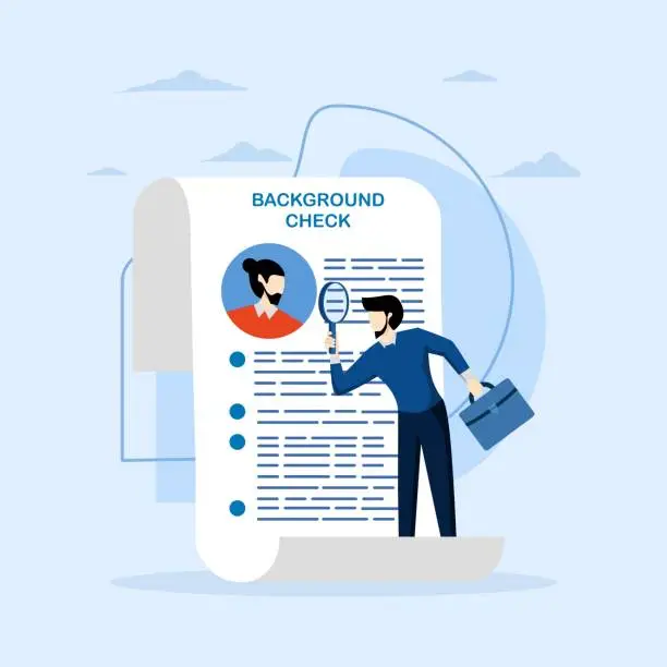 Vector illustration of Background check for employment or hiring, work experience or career history concept, criminal or drug check on candidate or employee, businessman with magnifying glass checking candidate documents.