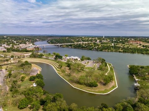 An aerial view of Lakeside Park overlooking Lake Marble Falls located in Marble Falls, TX