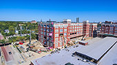 Exterior aerial of downtown Fort Wayne, Indiana General Motors construction site