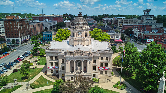 Aerial view of the beautiful Tennessee State Capitol Building sitting atop a hill in downtown Nashville, Tennessee, completed in 1859, and is one of the state's best examples of \