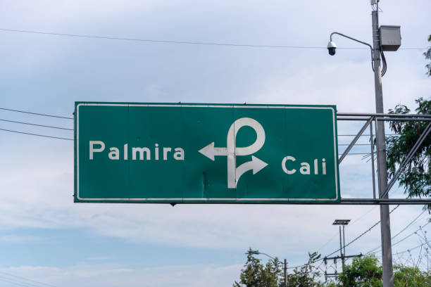 Road sign indicating Cali and Palmira. Colombia. Road sign with indication to Cali with security camera in the background. Colombia. palmira colombia stock pictures, royalty-free photos & images