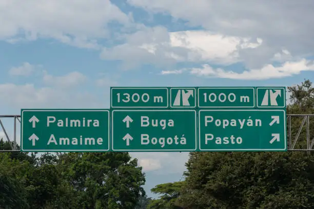 Road sign with several addresses of cities and municipalities in Colombia