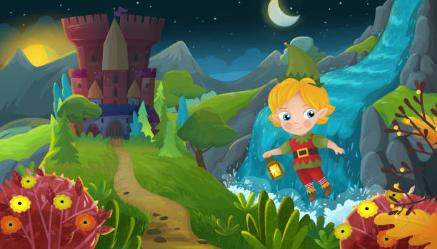 istock cartoon scene with nature forest princess and castle 1490386042