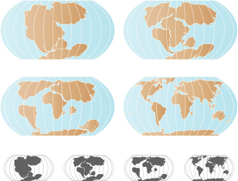 A set of 4 maps showing continental drift, starting with Pangaea (top left), the Triassic or Jurassic period (top right), the Cretaceous period (bottom left), and finally the continents as they are today. Black and white version included.