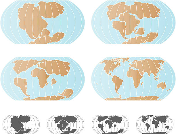 Continental Drift - Pangaea Map Set A set of 4 maps showing continental drift, starting with Pangaea (top left), the Triassic or Jurassic period (top right), the Cretaceous period (bottom left), and finally the continents as they are today. Black and white version included. landmass stock illustrations