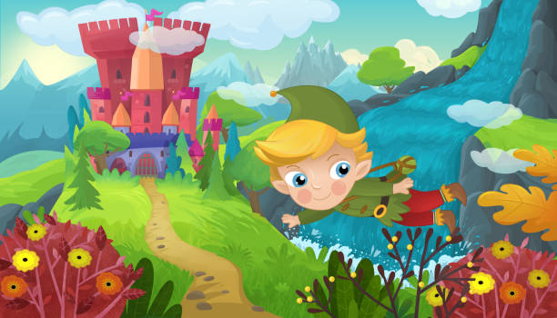 istock cartoon scene with nature forest princess and castle palace 1490388753