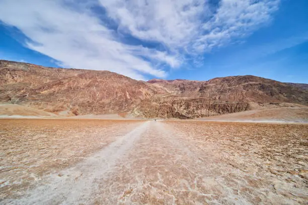 Image of Iconic Death Valley Badwater Basin salt flats by mountains