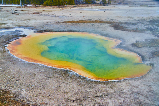 Image of Iconic Yellowstone pools of alkaline water with blues and yellows