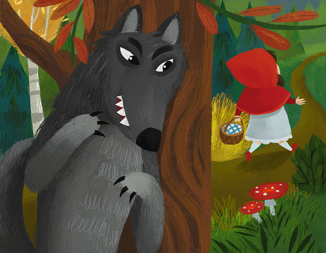 cartoon scene with bad wolf meeting little girl in red hood in the forest illustration for children