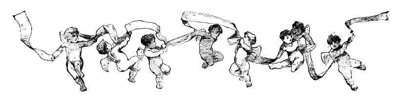 Cherub babies with wings, of different ethnicities and races, dance and play with a ribbon. White background. Illustration published 1897. Original edition is from my own archives. Copyright has expired and is in Public Domain.