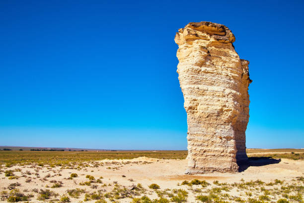 istock Landscape in desert with unusual large white rock pillar 1490393696