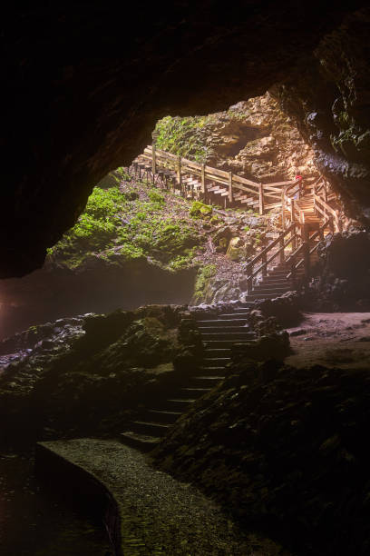 istock Large cave opening with stairs leading outside 1490394057