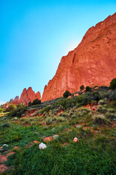 Image of Large red rocks in desert with lush green