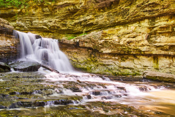 Large waterfall with cascading falls creating gorge in canyon of rock