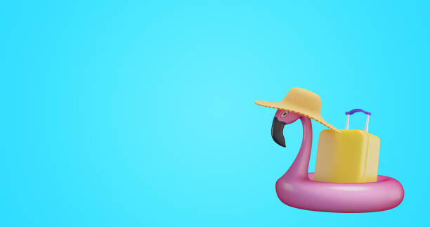 istock Summer banner. Inflatable flamingo in a straw hat with a suitcase.3d rendering 1490397537