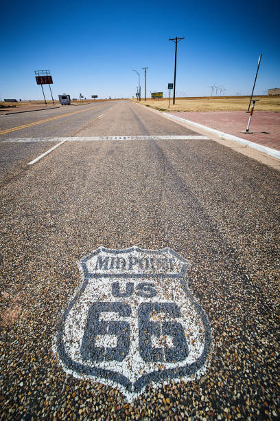 istock Midpoint symbol on road for iconic Route 66 1490398905