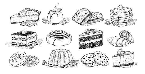 Sketchy illustrations set of desserts Vector sketchy illustrations set of desserts and sweet food chocolate chip cookie drawing stock illustrations