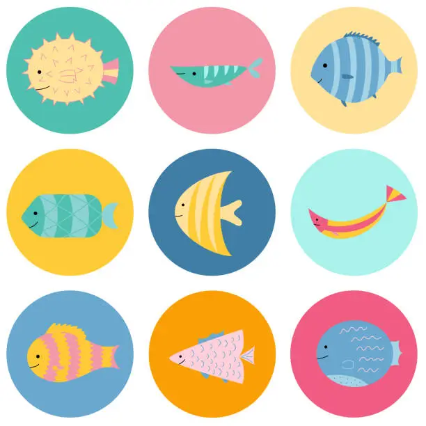 Vector illustration of Set of cute exotic fish in color circles