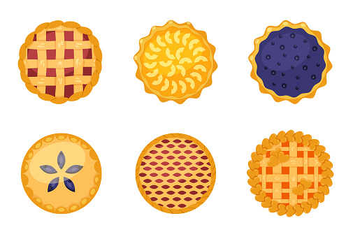 Set of homemade pies with different fruit fillings. Pie with apple, pumpkin, blueberry, raspberry and strawberry. Flat vector illustration isolated on white background. Top view. Vector