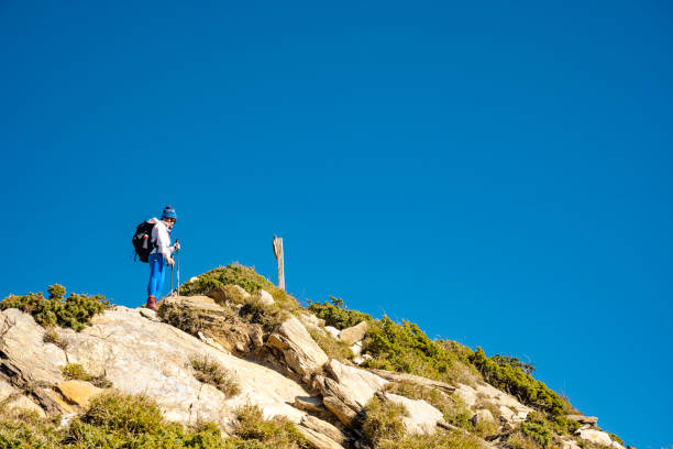 Hikers stand on top of a mountain looking at view.