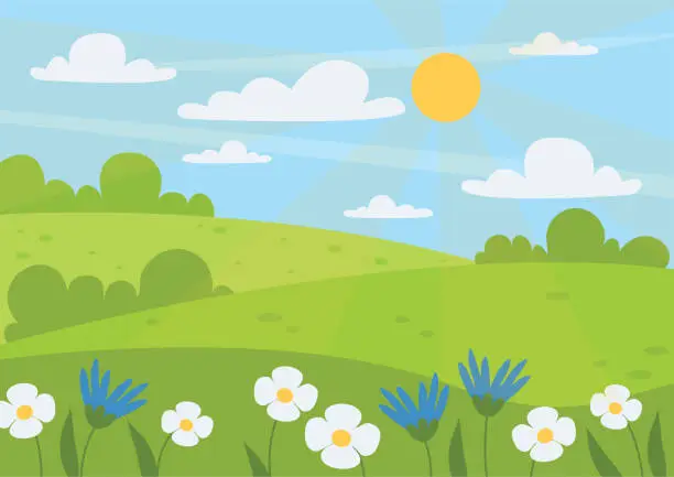 Vector illustration of Summer vector landscape. Beautiful background. Meadow, glade, flowers, bushes, sky, sun and clouds.