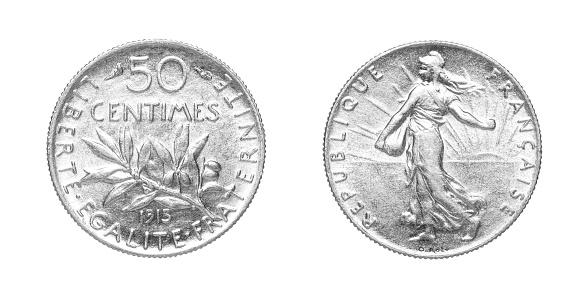 Obverse and reverse of 1915 50 centimes silver french coin isolated on white background