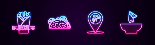 istock Set line Burrito, Taco with tortilla, Location slice pizza and Nachos in plate. Glowing neon icon. Vector 1490409160