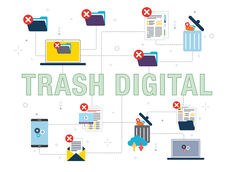 Computer, trash digital, documents and cloud computing icons. Concepts of delete folder, trash digital, destroy data and cloud computing trash. Flat design icons in vector illustration.