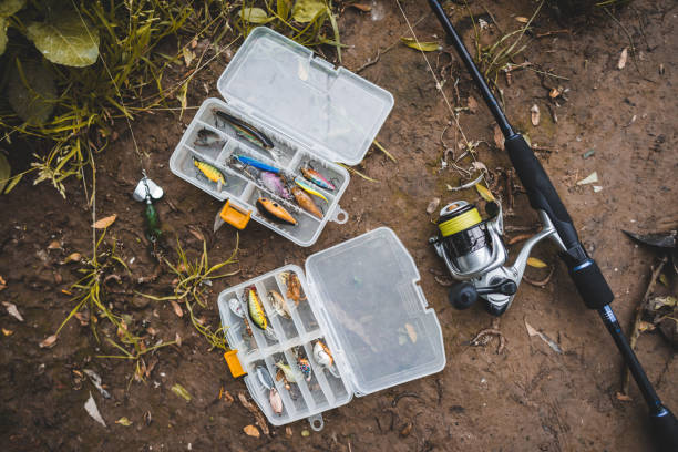 fishing gear fishing equipment, lures and rod hook equipment stock pictures, royalty-free photos & images