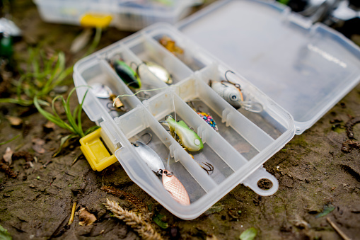 fishing lures in a box with compartments