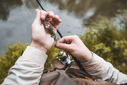 the angler cleans the lure from the grass that got stuck on the hook