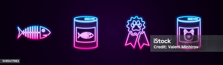 istock Set line Fish skeleton, Canned food for cat, Pet award symbol and dog. Glowing neon icon. Vector 1490411983
