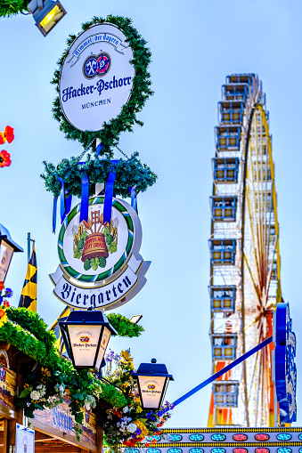 Munich, Germany - April 21: typical fairground rides and decoration at the annual spring festival (Frühlingsfest) in Munich on April 21, 2023