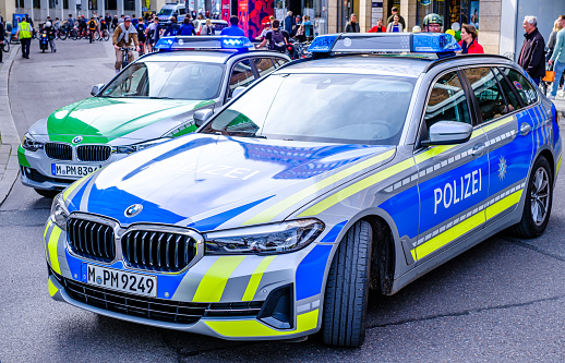 Munich, Germany - May 4: typical police car at the old town of munich on May 4, 2023
