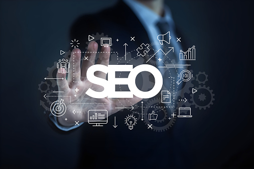 Businessman for analysis SEO Search Engine Optimization Marketing Ranking Traffic Website Internet Business Technology