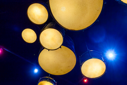 Hanging spherical light fixtures in low-angle view