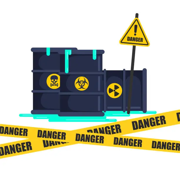 Vector illustration of Radioactive chemical waste with cordon yellow tape.