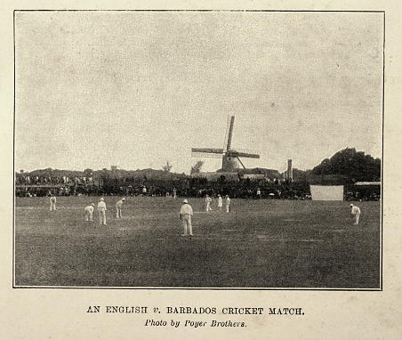 Vintage illustration after a photograph of a English vs Barbados Cricket Match, 1897, History of Victorian sports, 1890s