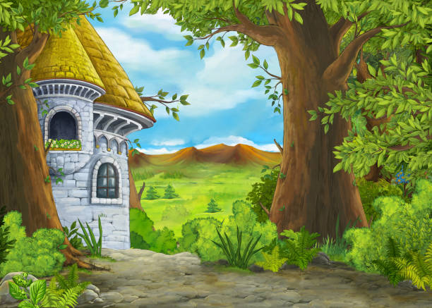 ilustraciones, imágenes clip art, dibujos animados e iconos de stock de escena de naturaleza de dibujos animados con un hermoso castillo con príncipe y princesa - castle fairy tale palace forest