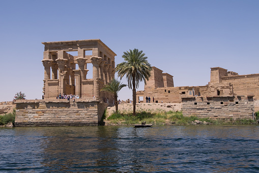 Aswan, Egypt - April 28, 2023: Trajan's Wharf and Philae Temple on Agilkia Island